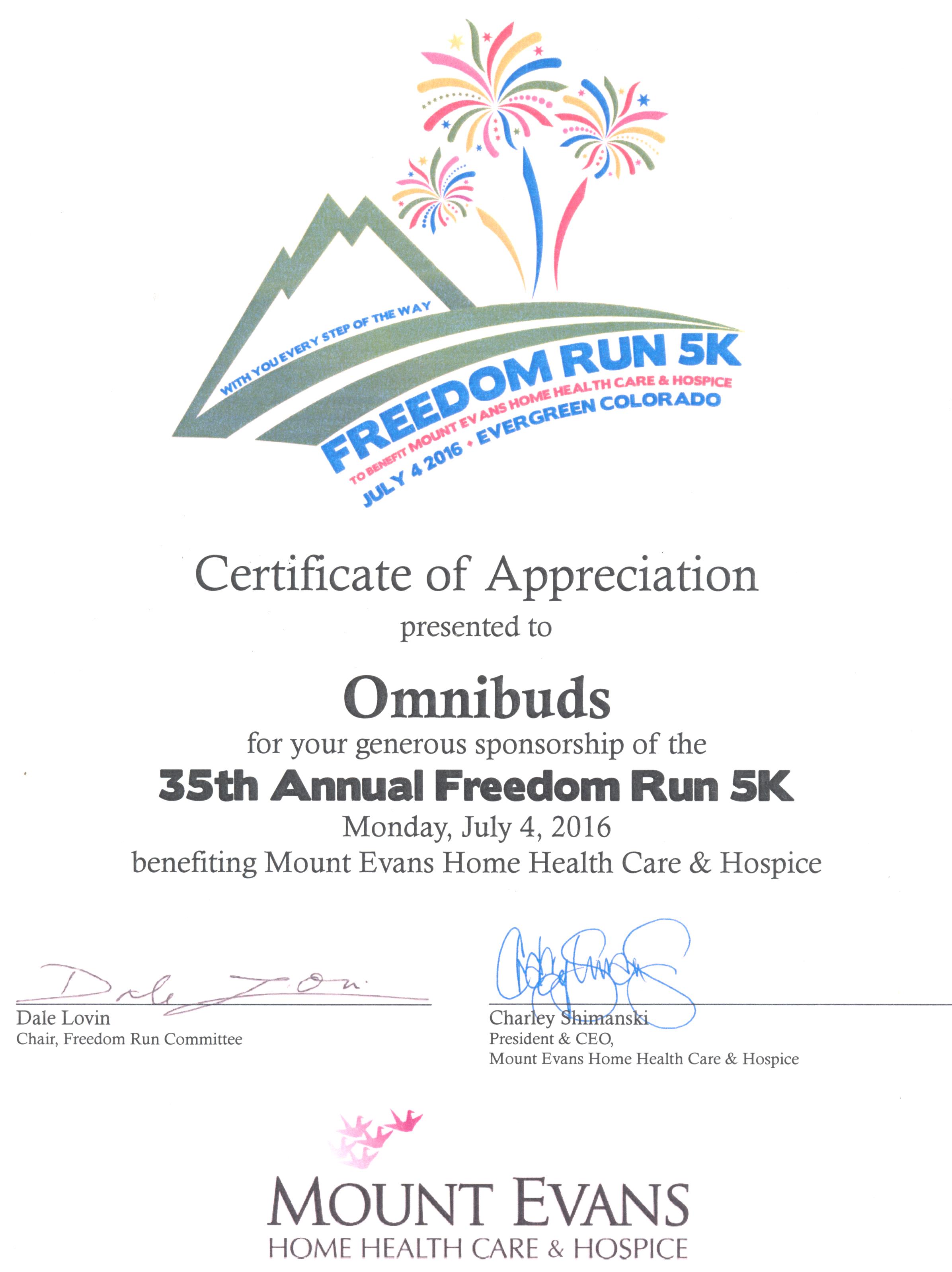Freedom Run 2016 Certificate